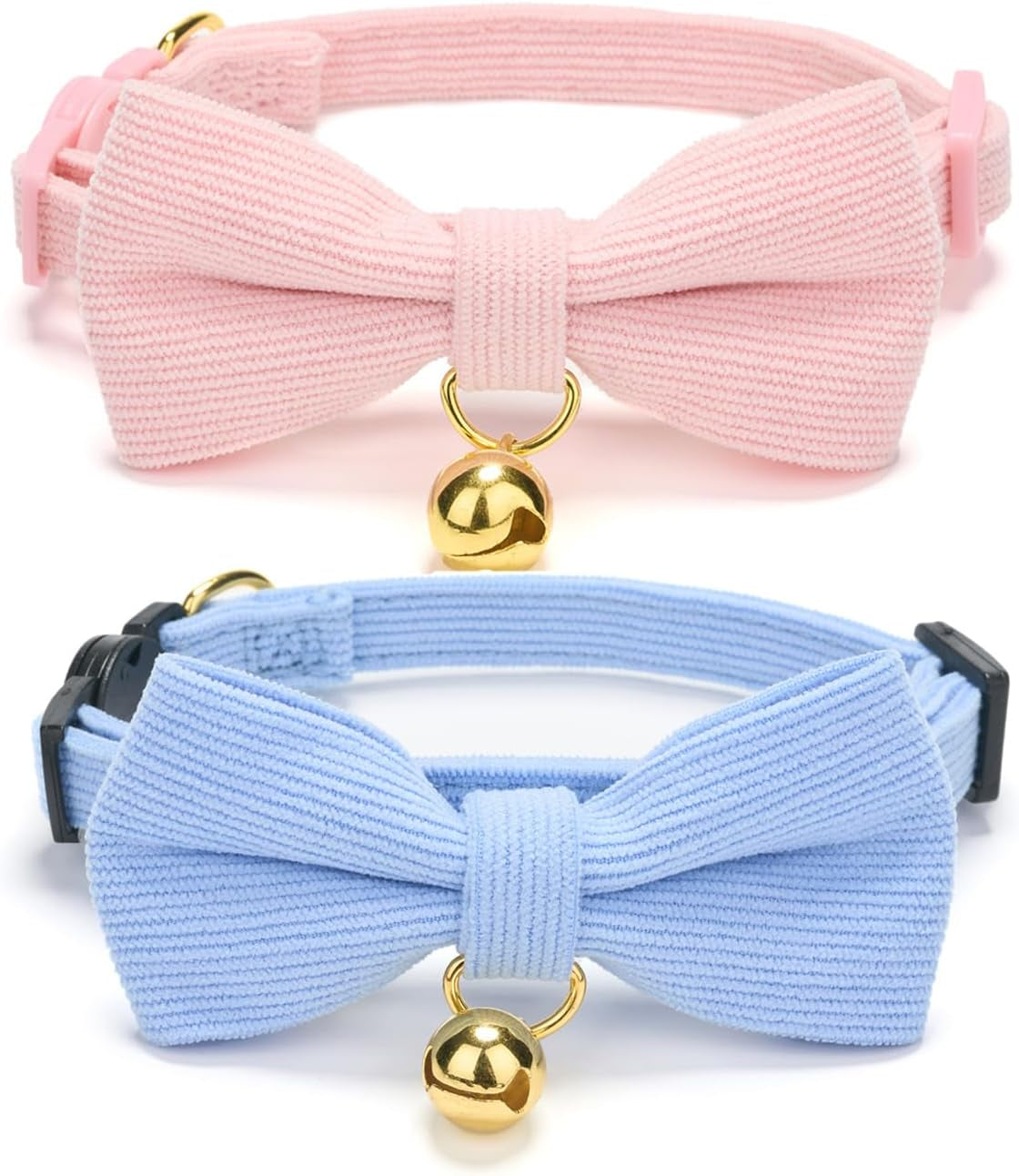 2 Pack Soft Corduroy Cat Collars with Bow Tie & Bell, Adjustable Breakaway Cotton Kitty Bowtie Collar for Girl Boy Kitten (Orange & Green)