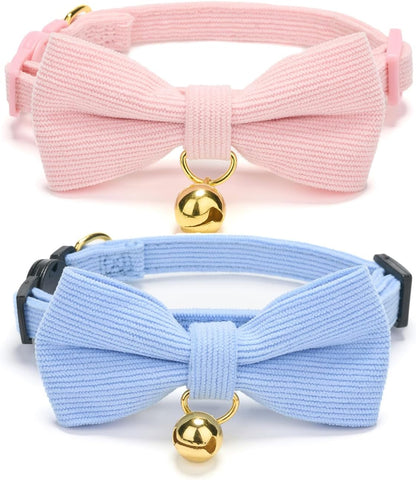 2 Pack Soft Corduroy Cat Collars with Bow Tie & Bell, Adjustable Breakaway Cotton Kitty Bowtie Collar for Girl Boy Kitten (Orange & Green)