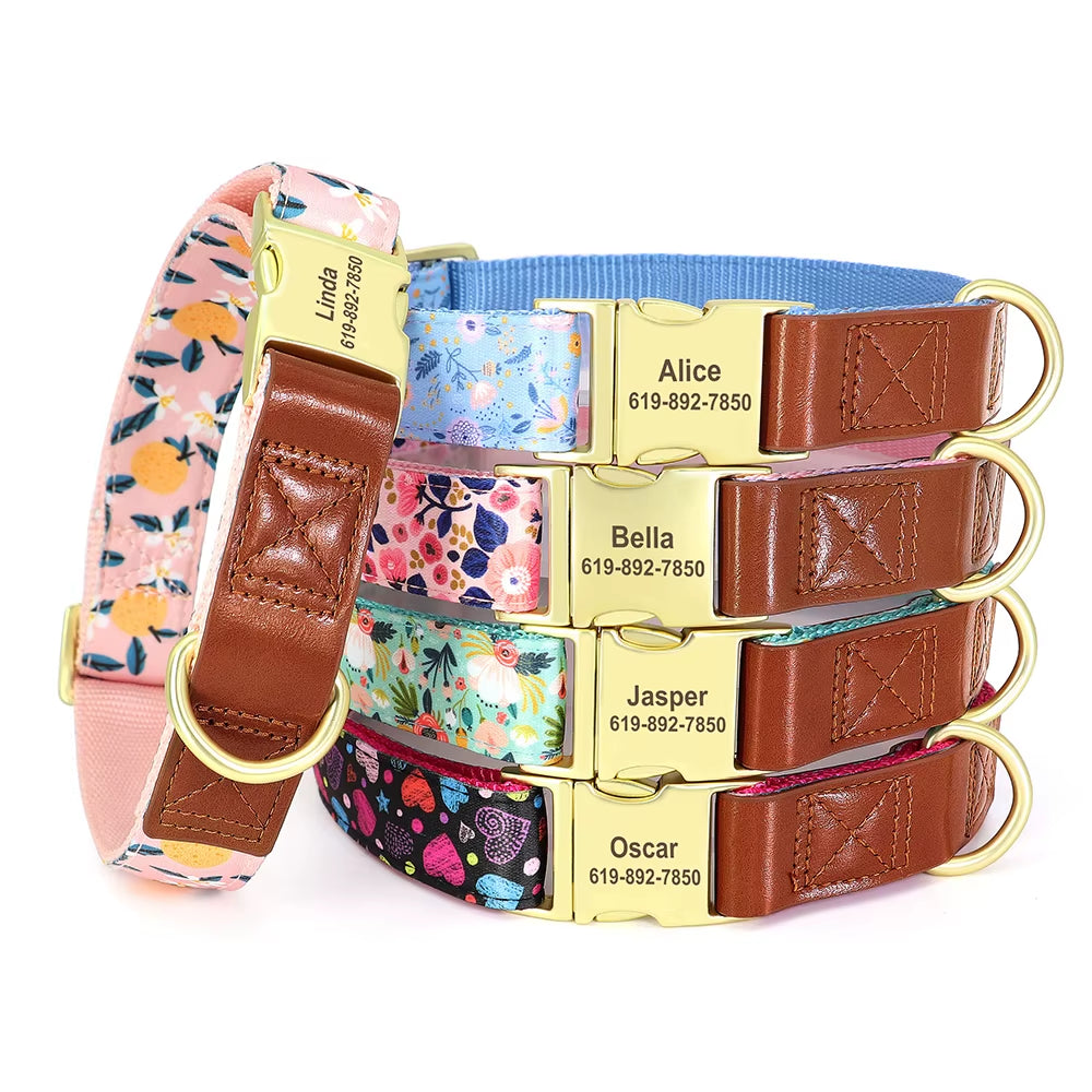 Custom Engraved Dog Collar Adjustable Pet Buckle Collars Anti-Lost Flower Printed for Small Medium Large Dogs French Bulldog