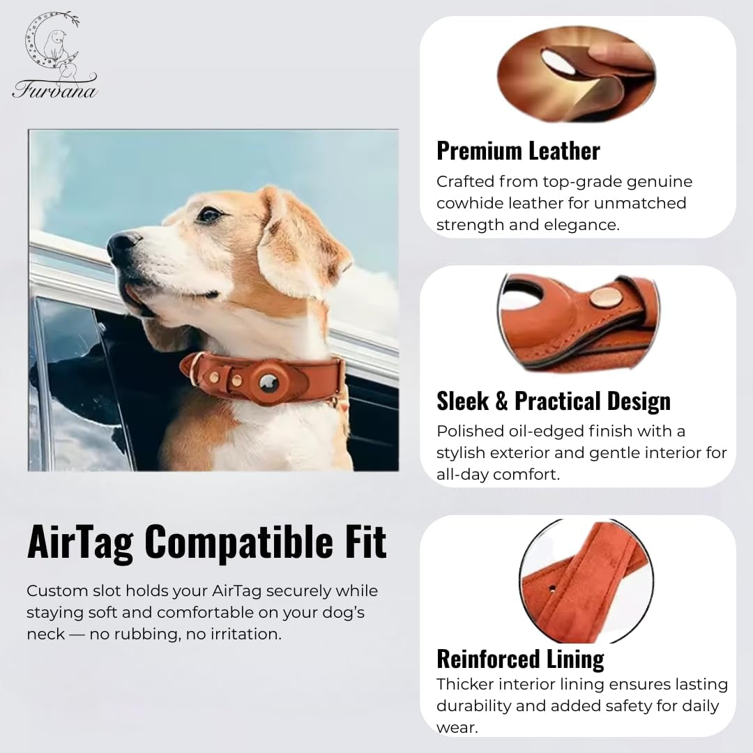 Genuine Leather Dog Collar with Smart Tag Holder Compatible with Airtag, Scratch-Resistant Finish, Microfiber Lining, Adjustable Design for All Breeds (Brown, Small: Width = 1.2"; Neck = 8" - 11")