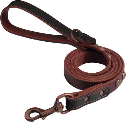 Leather Dog Leash 5Ft X 3/4 Inch, Luxurious Genuine Leather Dog Training Leashes with Soft Padded Handle & Bronze Rivets, Stylish & Durable Pet Lead for Medium Large Dogs Walking,Black