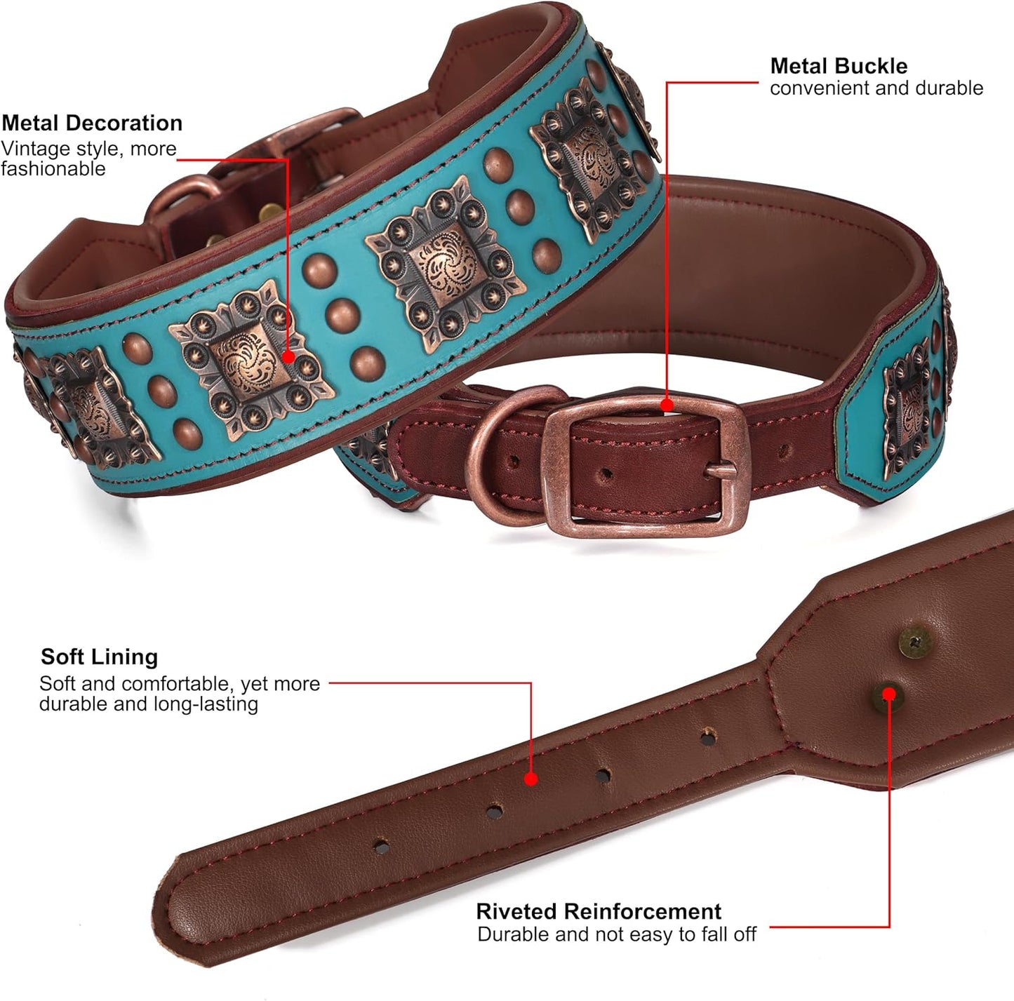 Soft Padded Leather Dog Collar, 2 Inch Wide Genuine Leather Dog Collars with Stylish Studded Rivet & Metal Buckle, Luxury & Adjustable Pet Collars for Medium Dogs,Green,Neck 16-19"