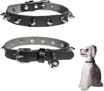 Genuine Leather Spiked Collar for Small Dogs with Bell, Studded Alloy Rivets Punk Style Protective Puppy Collar for Girl Boy Cat Doggies, 5 Holes Adjustable for Tiny Little Pups, Black XS 8"-11"
