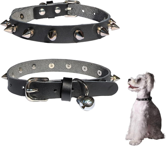 Genuine Leather Spiked Collar for Small Dogs with Bell, Studded Alloy Rivets Punk Style Protective Puppy Collar for Girl Boy Cat Doggies, 5 Holes Adjustable for Tiny Little Pups, Black XS 8"-11"