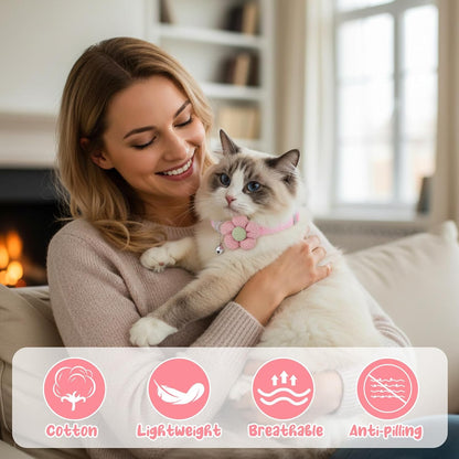4Pcs Cat Collar Breakawayr, Cute Cotton Kitten Collar with Bell Adjustable Pink Cat Collar Safety Buckle Flower Cats Collar for Girl Boy Little Dog