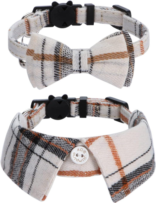 2 Pack/Set Cat Collar with Cute Bow Tie and Bell,Breakaway Plaid Shirt Collar for Kitty Adjustable Safety