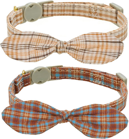 Cotton Bowtie Cat Collar with Bell 2 Pack Adjustable Breakaway Kitten Collars with Removeable Bow Pink Girl Cat Collars