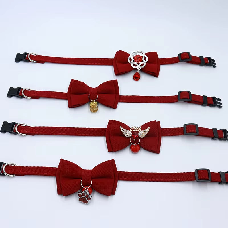 Red Bow Adjustable Cat Collar, Flower Heart Pendant Pet Collar, Gorgeous Retro Cat Collar,Christmas Wedding Pet Accessories