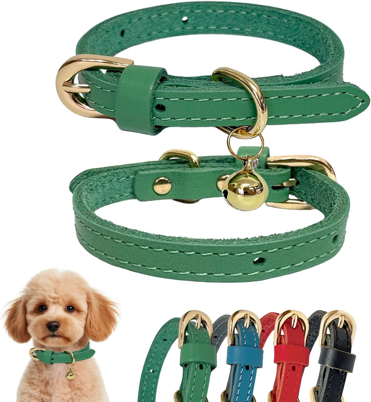 Leather Collar for Puppy, Cute Soft Thin Dogs Collars for Small Medium Dogs, Cat Collar with Bell (Blue, XS, 9"-12")