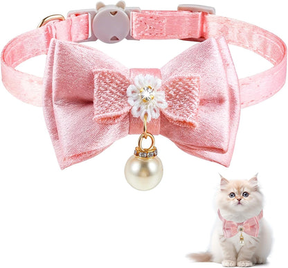Cat Collar Breakaway, Cat Collar with Pearl Pendant Quick Release Safe Buckle Pink Bowtie Adjustable Baby Kitten Collars Cute Cat Collar for Girl Cat (Style2)