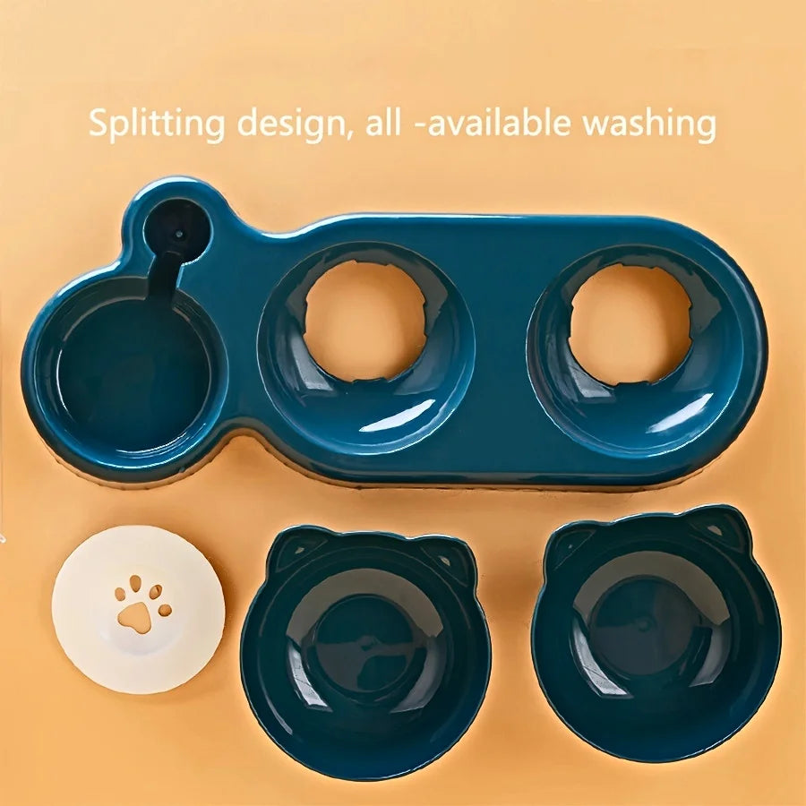 Pet Bowls with Water Feeder, 3 in 1 Ear Design Tilted Cat Water and Food Bowl Set with Gravity Water Bottle for Neck Protection