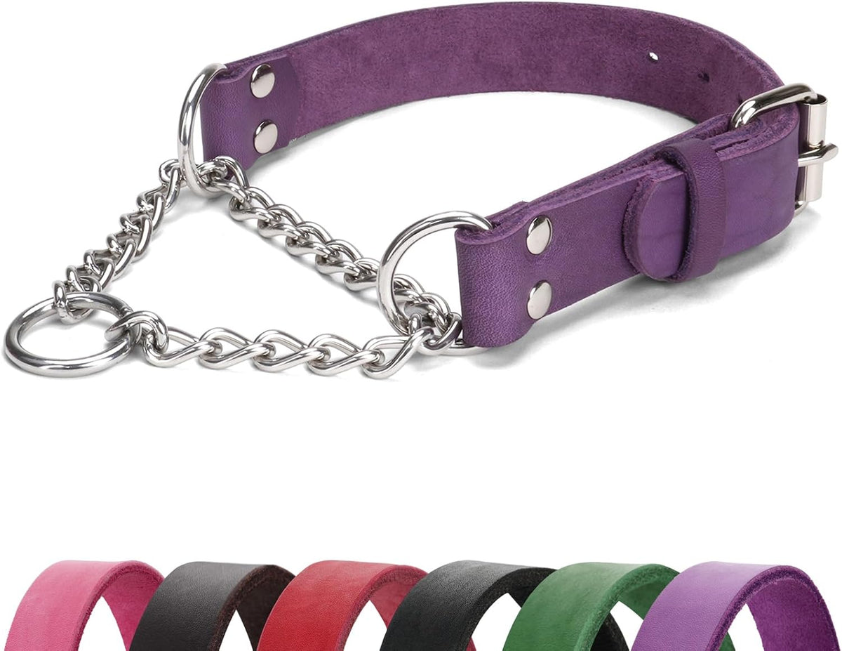 No-Pull Adjustable Martingale Collar for Dogs - Genuine Leather with Stainless Steel Chain, Anti-Slip Design for Small, Medium & Large Breeds - Black (M)