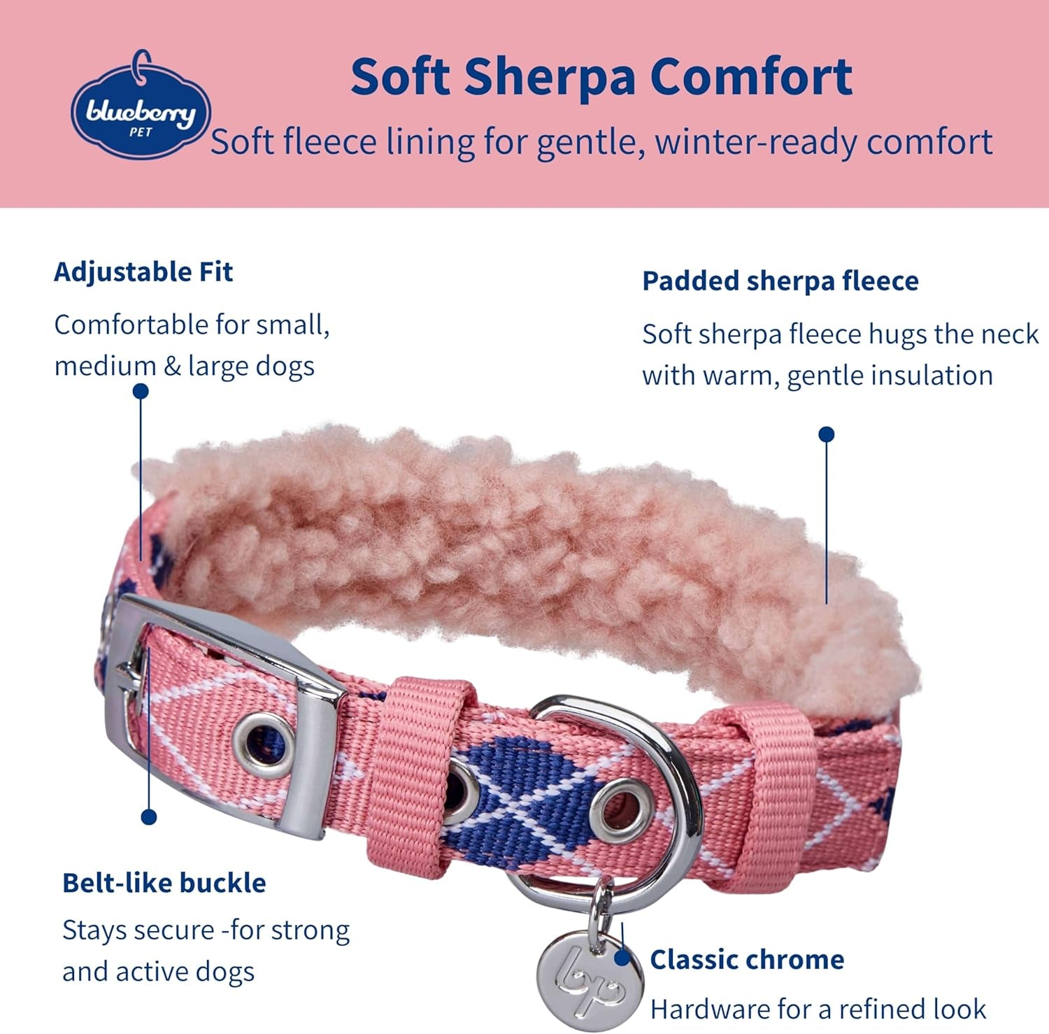 Soft & Comfy Scottish Argyle Padded Dog Collar - Pink, 13-16.5" Neck for Medium Pets, Adjustable Dog Collars for Small Dogs, Puppy Collar, Small Dog Collar, Sherpa Fleece, Metal Buckle