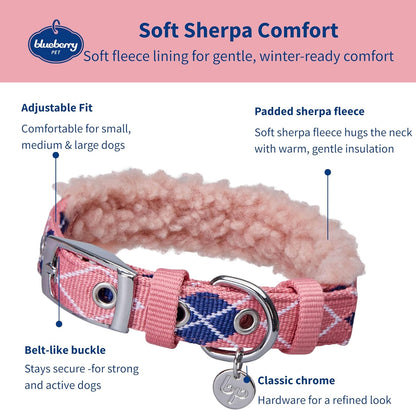 Soft & Comfy Scottish Argyle Padded Dog Collar - Pink, 13-16.5" Neck for Medium Pets, Adjustable Dog Collars for Small Dogs, Puppy Collar, Small Dog Collar, Sherpa Fleece, Metal Buckle