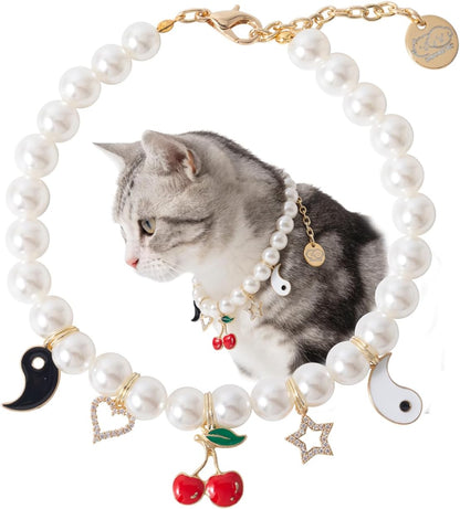Pet Pearl Collar Adjustable Cat Dog Necklace Pendant Dog Chain Jewelry Cute Collar Puppy Accessories (Bagua, Medium)