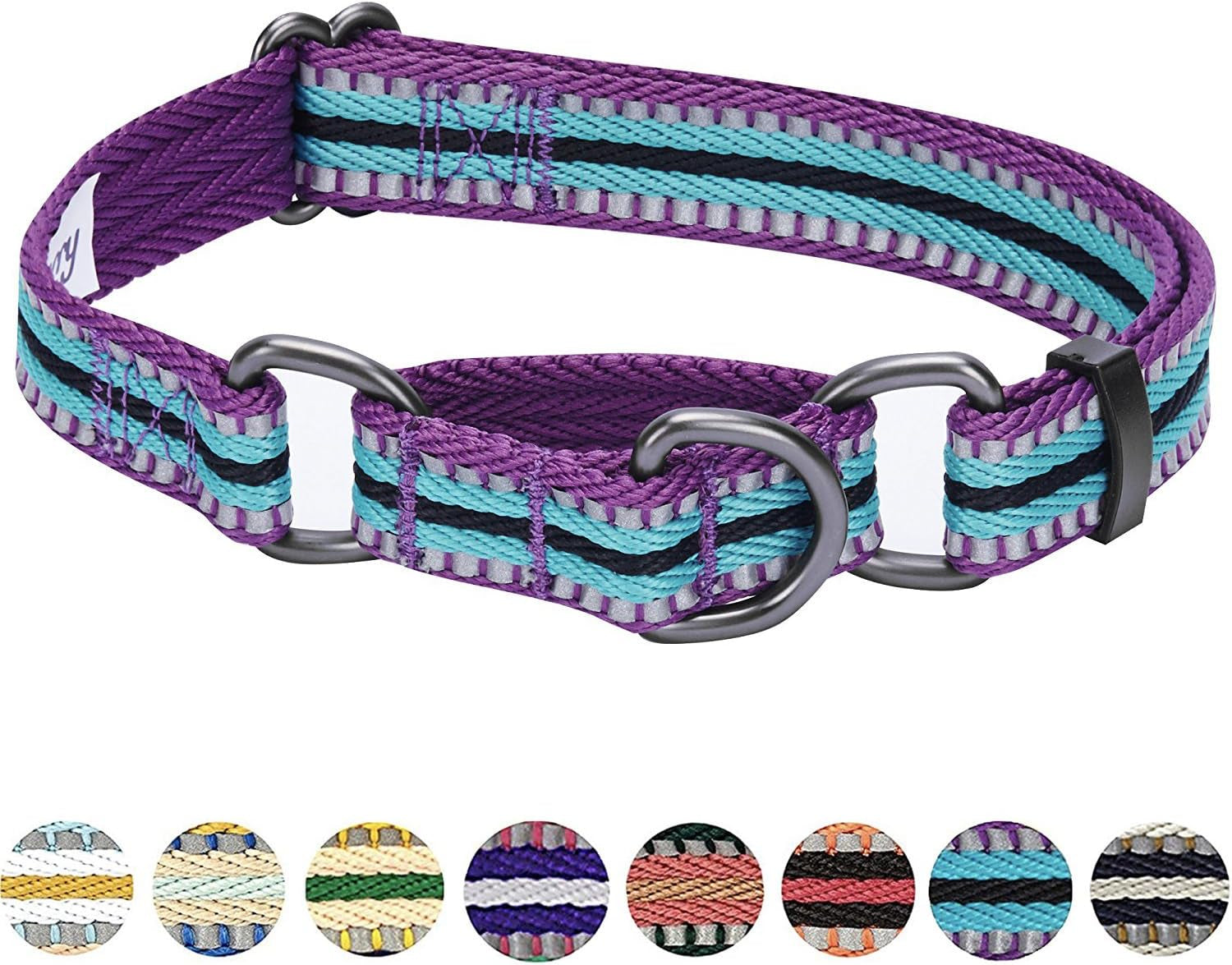 4 Colors 3M Reflective Multi-Colored Stripe Martingale Safety Training Dog Collar, Violet and River Blue, Medium, Heavy Duty Adjustable Collars for Dogs