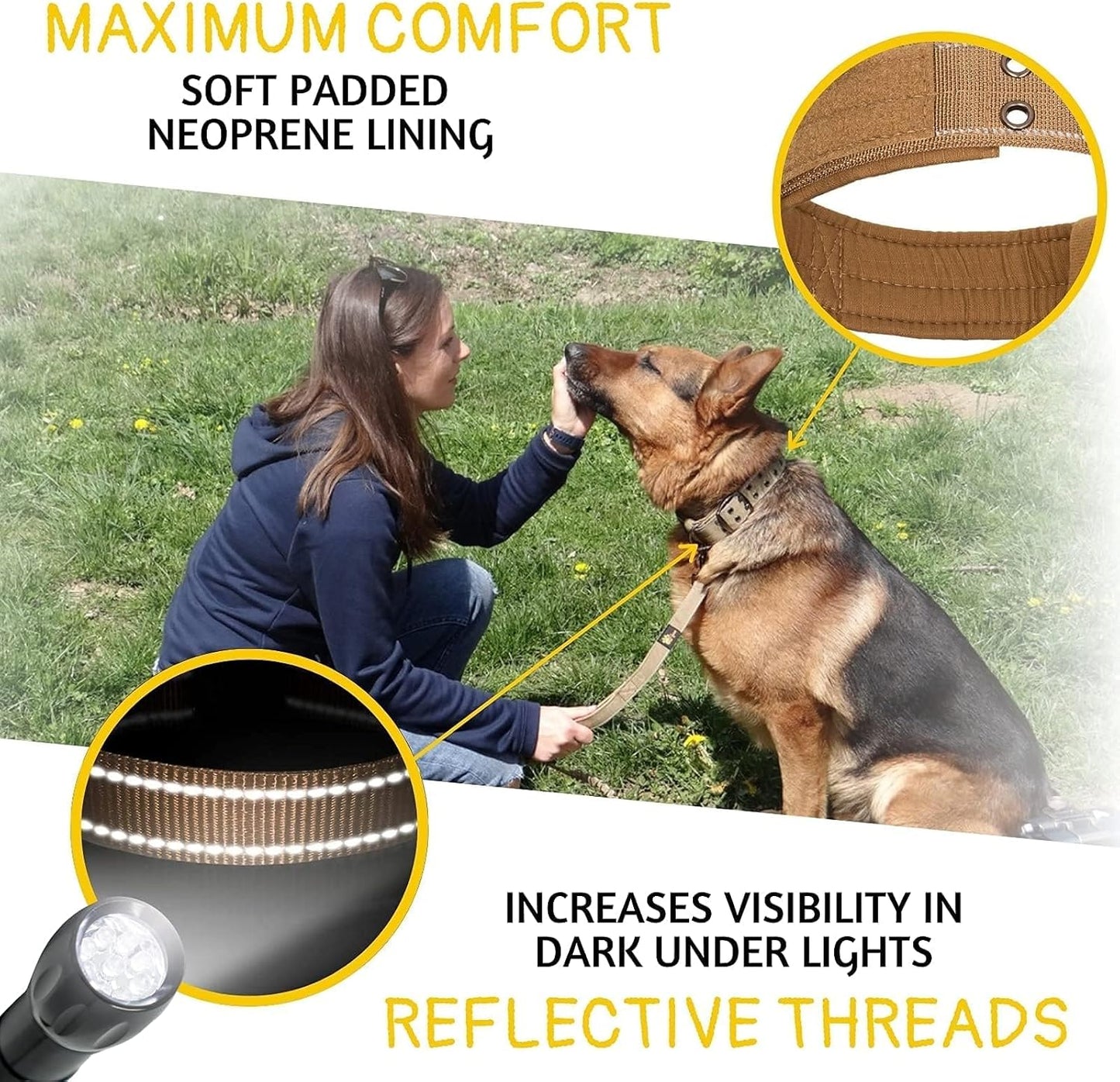 Heavy Duty Dog Collar for Large Dogs - Reflective Collar with Handle for Training, and Walking - Wide, Thick, Tactical, Soft Neoprene Padded