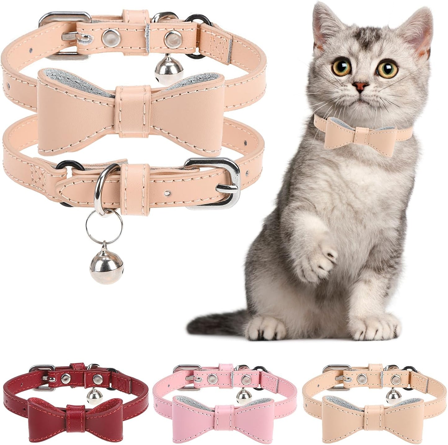 Leather Cat Collars for Boy Girl Cats with Bell and Safety Elastic Belt, Personalized Love and Fish Stud Adjustable Safe Buckle Collar for Kitty Small Big Cats Size 8-11 Inch, Black