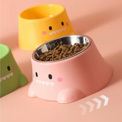 Cartoon Dinosaur 15° Tilted Pet Bowl: Elevated Stainless Steel Dish with Neck Support - Fun & Cute Feeder for Cats & Puppy