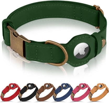 Airtag Dog Collar - Genuine Leather Dog Collar with Apple Airtag Holder and Metal Buckle - Smart GPS Tracking Pet Collars (Pink, S, 12"-15" Neck Fit)