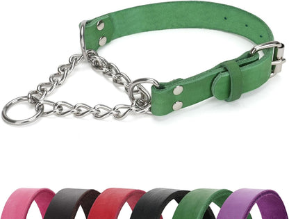 No-Pull Adjustable Martingale Collar for Dogs - Genuine Leather with Stainless Steel Chain, Anti-Slip Design for Small, Medium & Large Breeds - Black (M)