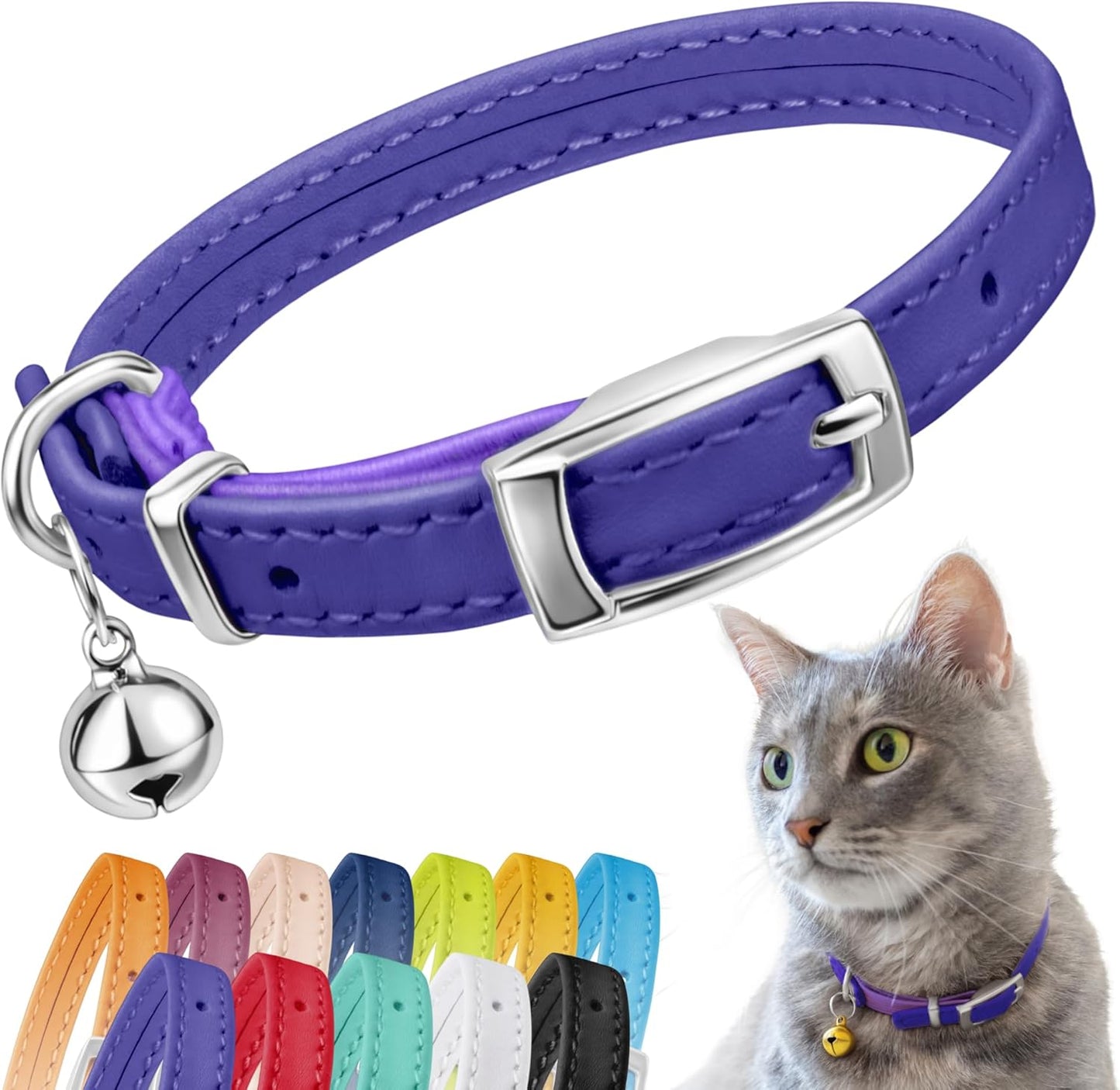 Leather Cat Collar with Removable Bell – Safety Elastic Strap (Breakaway Alternative) – Kitten Collar for Small & Big Boy & Girl Cats