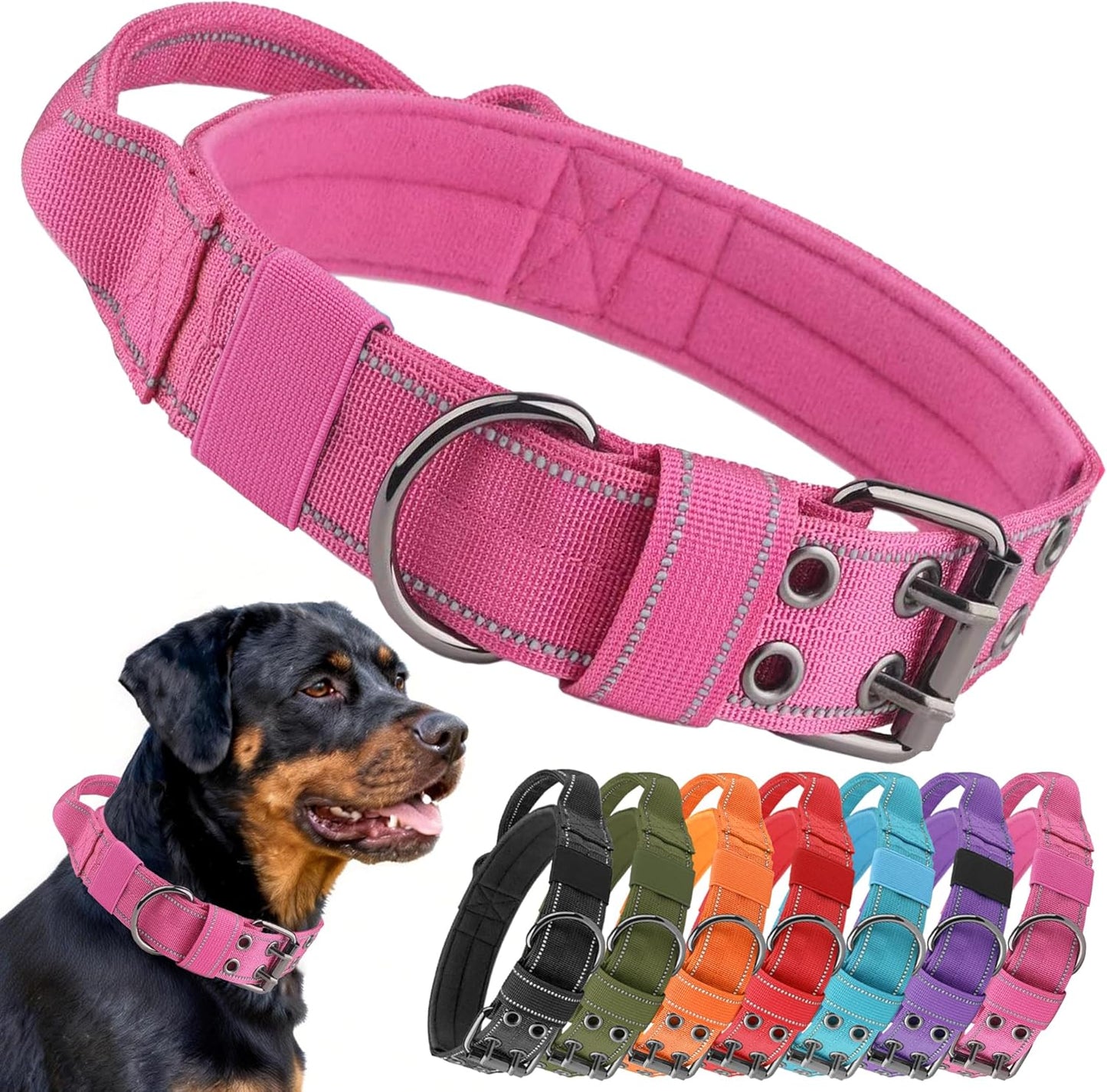 Tactical Dog Collar with Control Handle, Military Adjustable Pet Collar Reflective Heavy Metal Buckle Dog Collar, Soft Nylon Training Collar for Medium Large Dogs (Blue, Large)