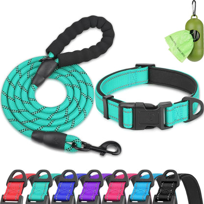 Reflective Dog Collar and Leash Set, 6FT Strong Climbing Rope Leash with Padded Handle, Adjustable Pet Collar with Soft Neoprene Padding for Large Dogs, Teal, L