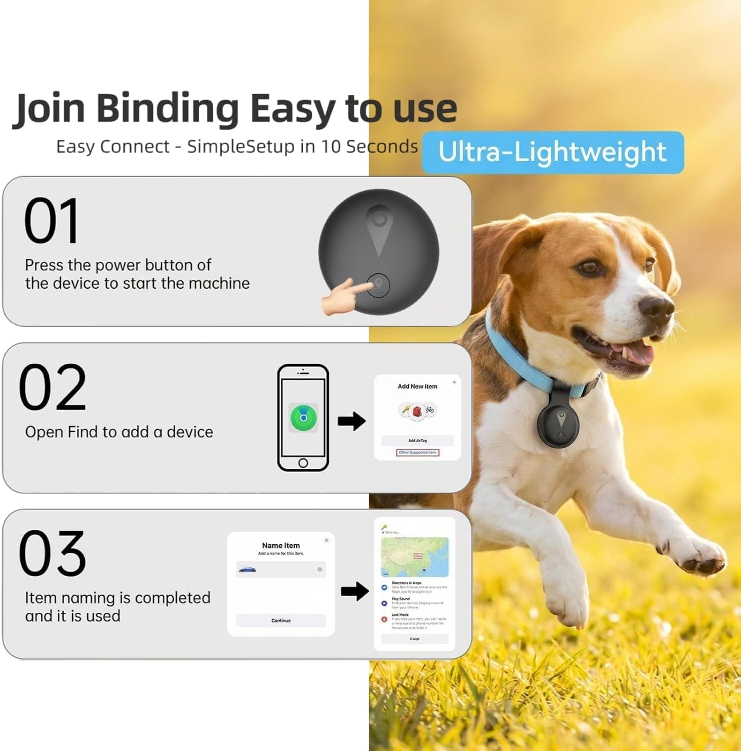 GPS Tracker for Dogs, Smart Collar with Real-Time Location, Pet Location Tracker with Holder, No Monthly Fee & No SIM Card, Works with Ios Find My, Ultra-Slim IP68 Waterproof Dog Tracker