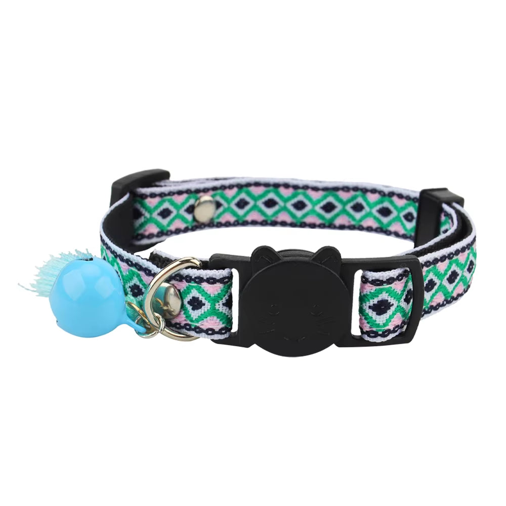 Adjustable Cat Collar Polyester Jacquard Pattern Pet Collar with Bell and Tassel Decoration for Cats and Small Dogs to Keep Lost