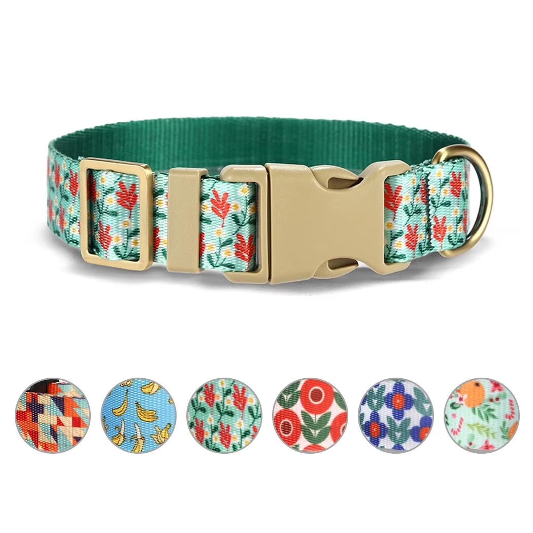 Cute Dog Collar, Cyan Flower Pattern, Soft Nylon Pet Collars for Small Medium Large Dogs, L