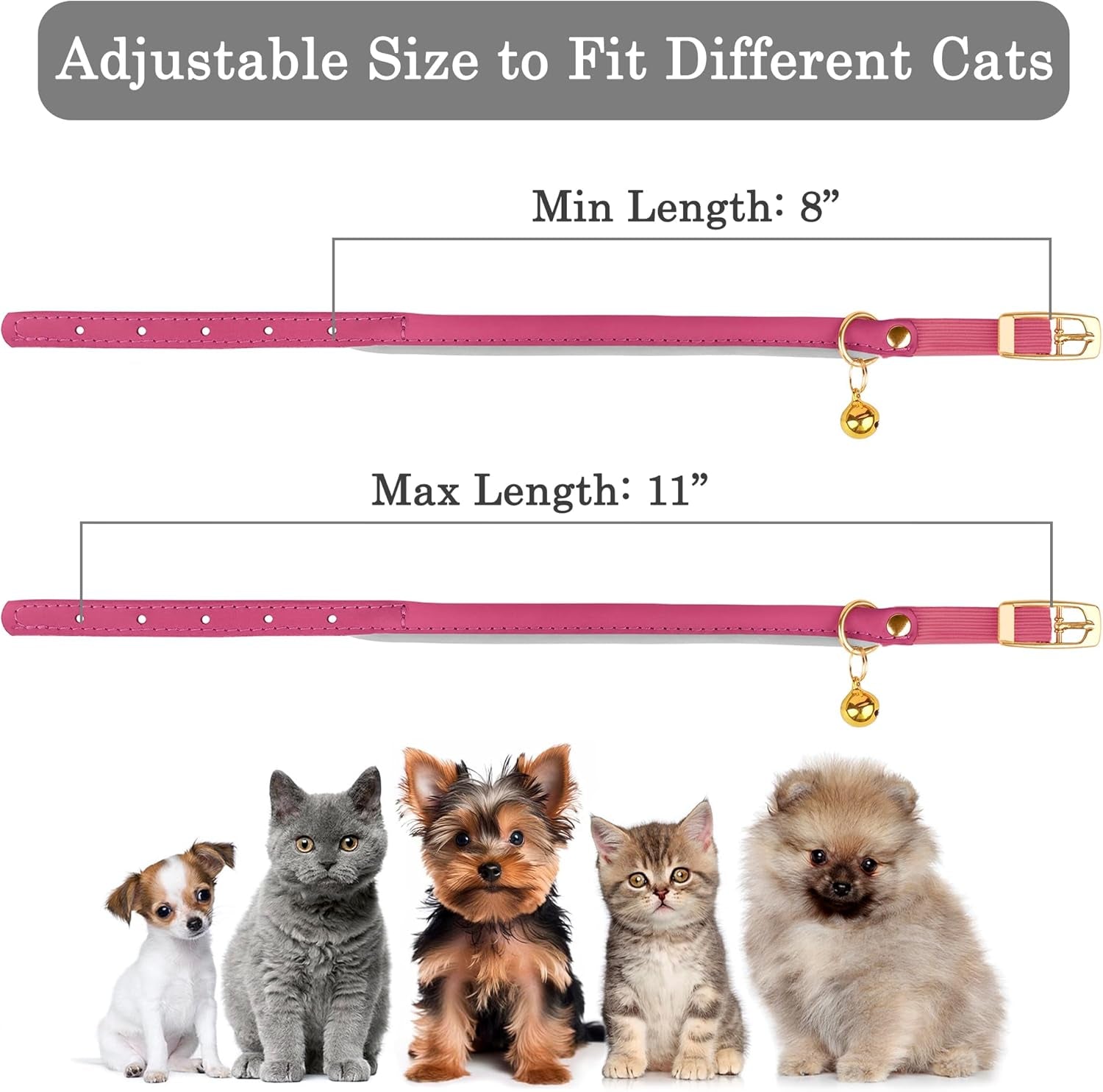 Rolled Leather Cat Collar with Bell - Reflective Kitten Collar with Safety Elastic Strap - Adjustable Small Pet Collars for Boy Girl Cats (Fuchsia)