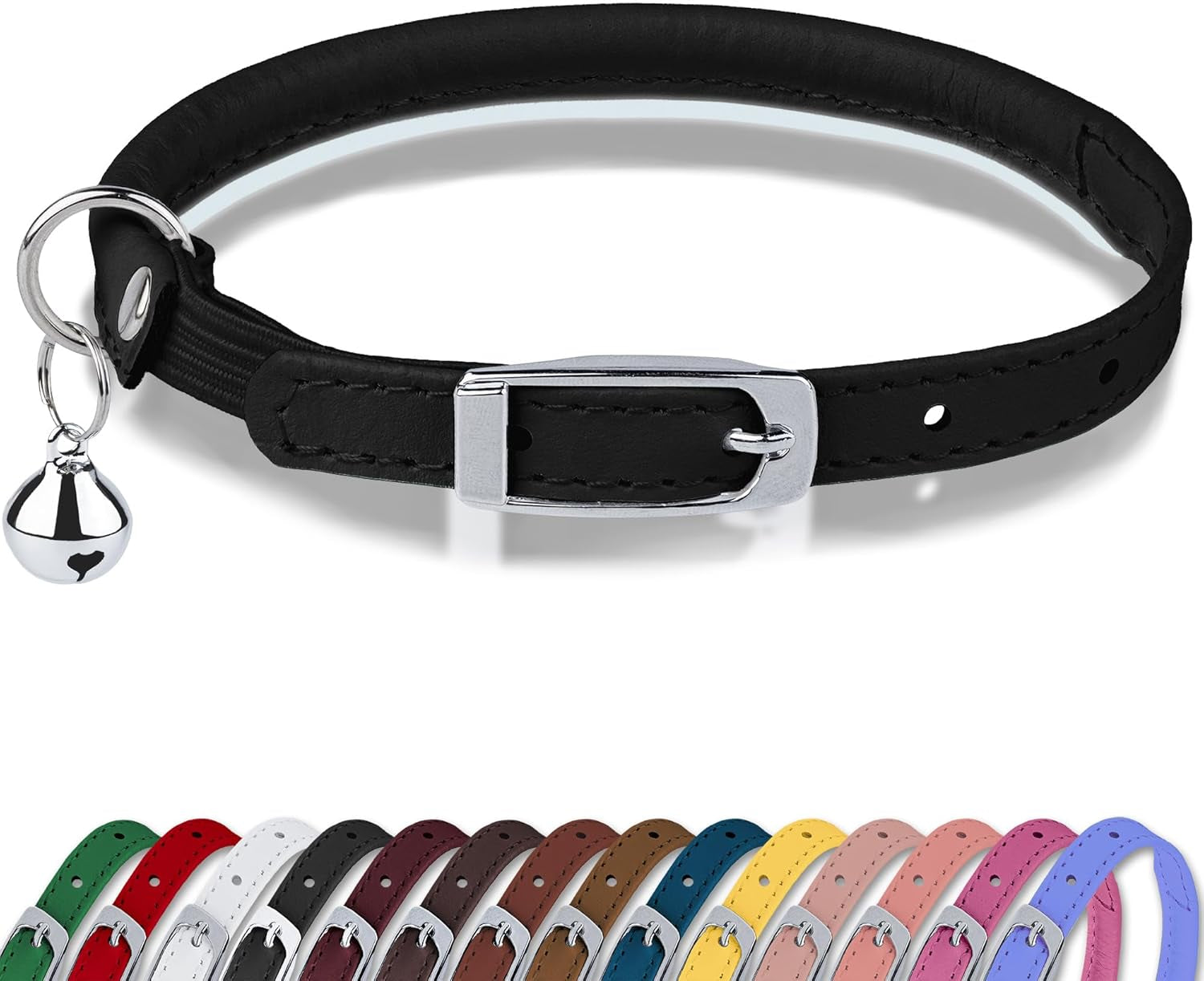 Rolled Leather Cat Collar with Bell, Reflective Kitten Collars with Buckle Include Safety Elastic Strap - Adjustable Small Pet Collars for Boy Girl Cats (White)