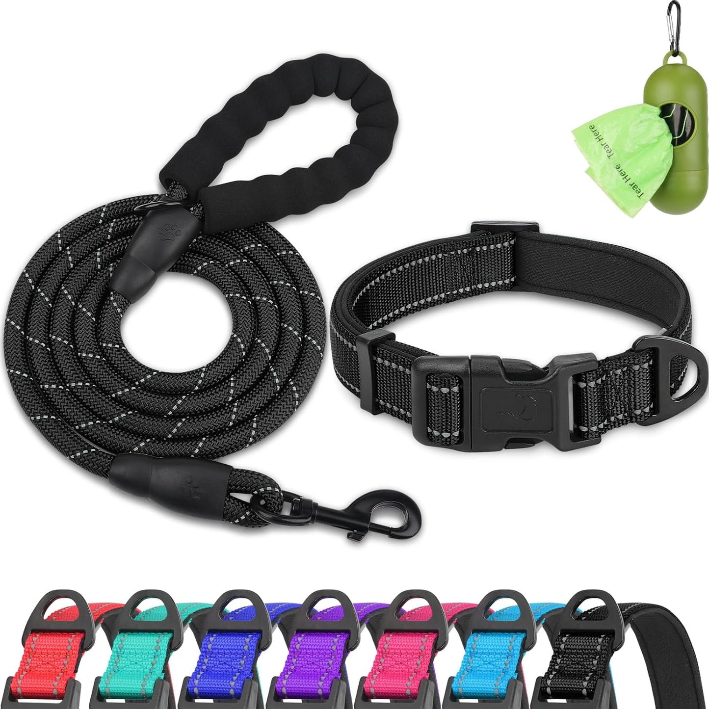 Reflective Dog Collar and Leash Set, 6FT Strong Climbing Rope Leash with Padded Handle, Adjustable Pet Collar with Soft Neoprene Padding for Large Dogs, Teal, L