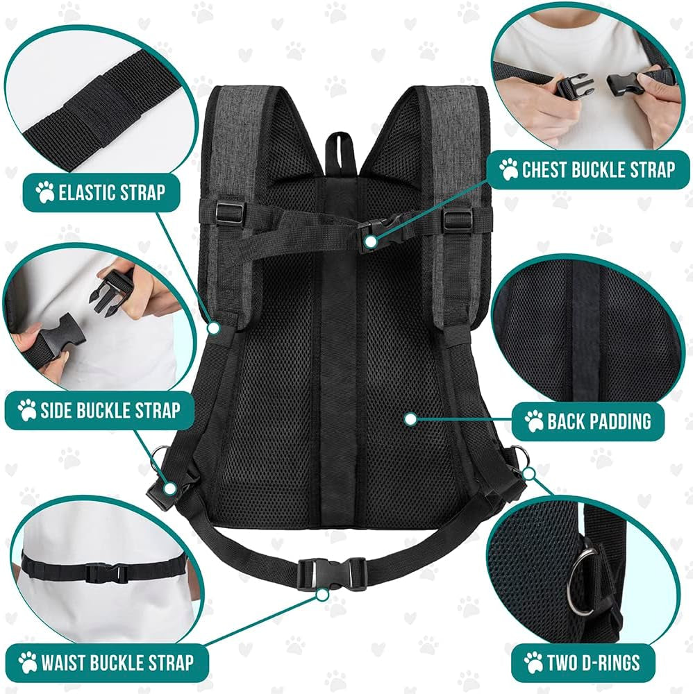 Adjustable Dog & Cat Chest Carrier Backpack, Ventilated for Hiking & Camping, Small to Large Pets up to 15 Lbs, Dark Gray
