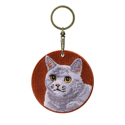 1 Piece Double Sides Embroidered Cat Patch Key Chain - Cute Pet Themed Durable Keychain Key Ring for Easy Attachment