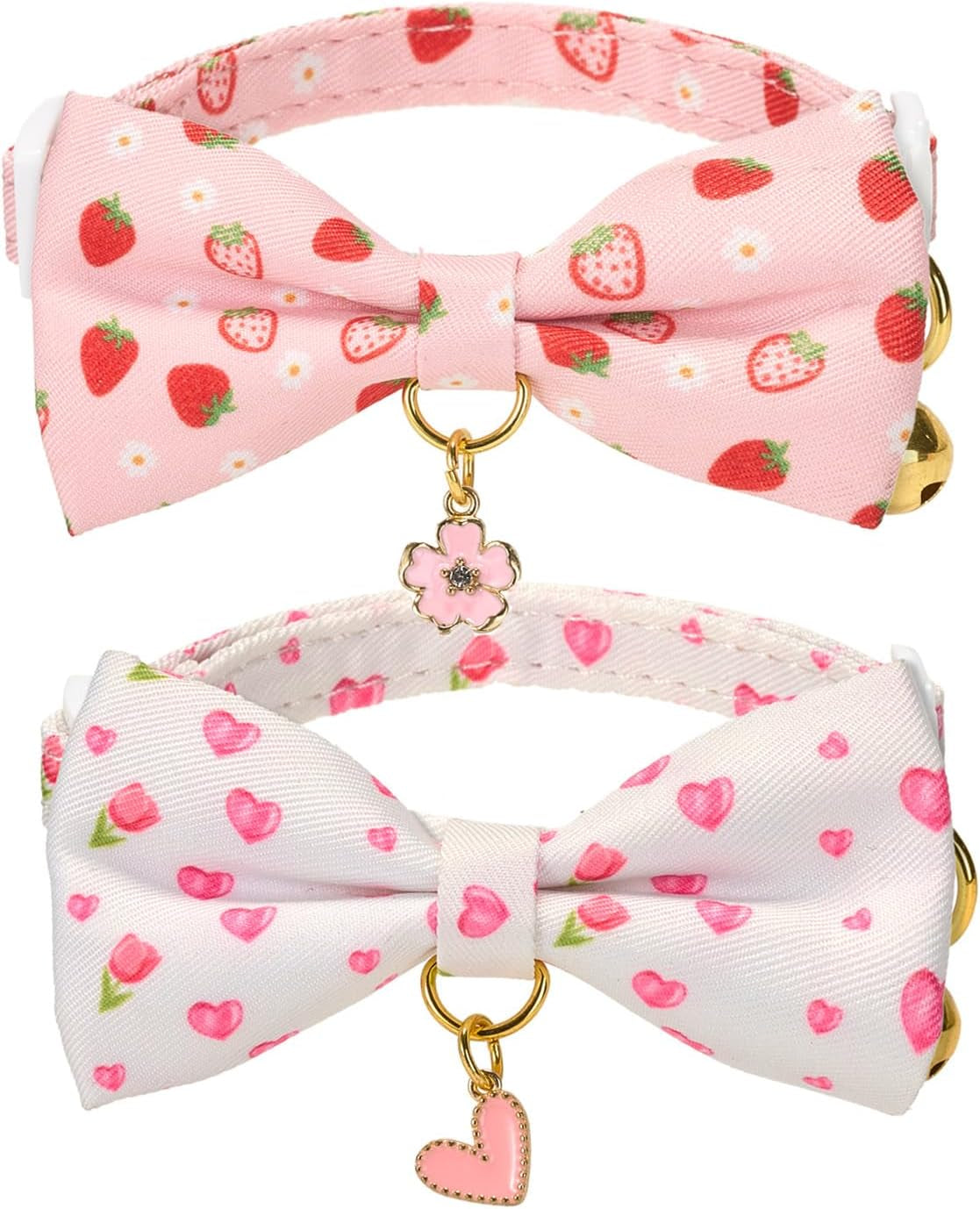 2 Pack Soft Corduroy Cat Collars with Bow Tie & Bell, Adjustable Breakaway Cotton Kitty Bowtie Collar for Girl Boy Kitten (Orange & Green)