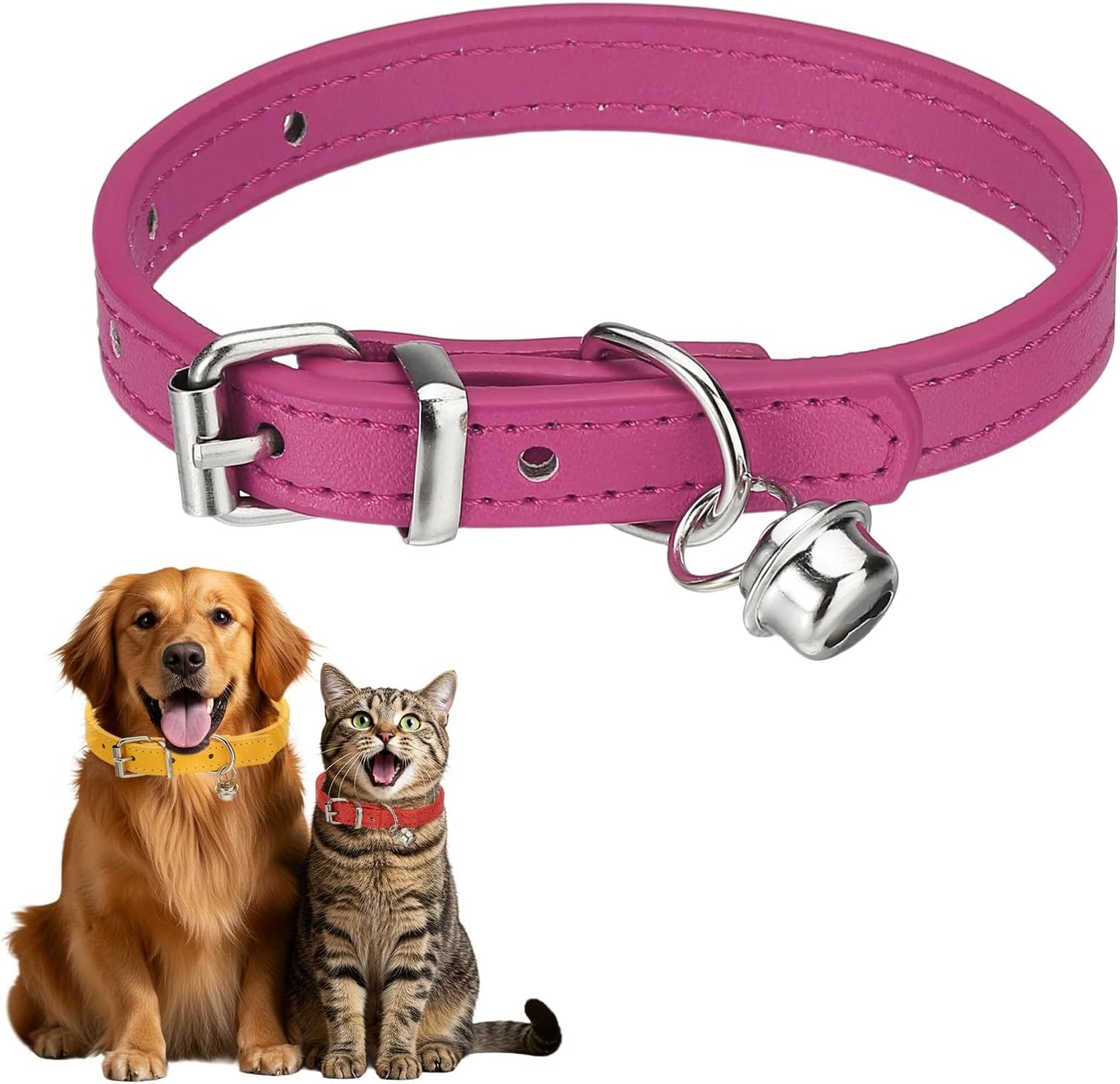 Dog Collar with Bell, Pu Leather Cat Collars Pet Basic Soft Padded Adjustable Buckle, 14.5" (Blue, 1 Pcs), Intended for Teacup/Little Dog/Kitten Cats/Small Animals
