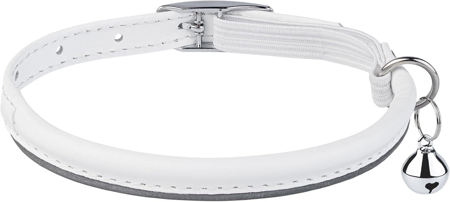Rolled Leather Cat Collar with Bell, Reflective Kitten Collars with Buckle Include Safety Elastic Strap - Adjustable Small Pet Collars for Boy Girl Cats (White)