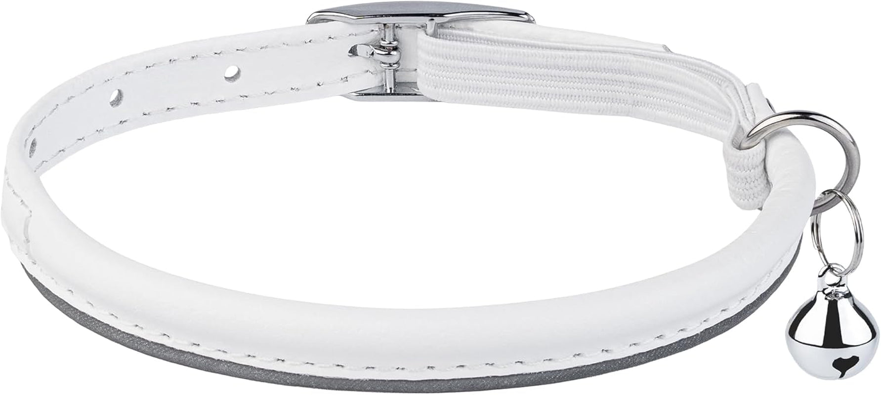 Rolled Leather Cat Collar with Bell, Reflective Kitten Collars with Buckle Include Safety Elastic Strap - Adjustable Small Pet Collars for Boy Girl Cats (White)