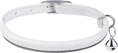 Rolled Leather Cat Collar with Bell, Reflective Kitten Collars with Buckle Include Safety Elastic Strap - Adjustable Small Pet Collars for Boy Girl Cats (White)