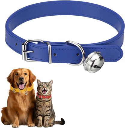 Dog Collar with Bell, Pu Leather Cat Collars Pet Basic Soft Padded Adjustable Buckle, 14.5" (Blue, 1 Pcs), Intended for Teacup/Little Dog/Kitten Cats/Small Animals