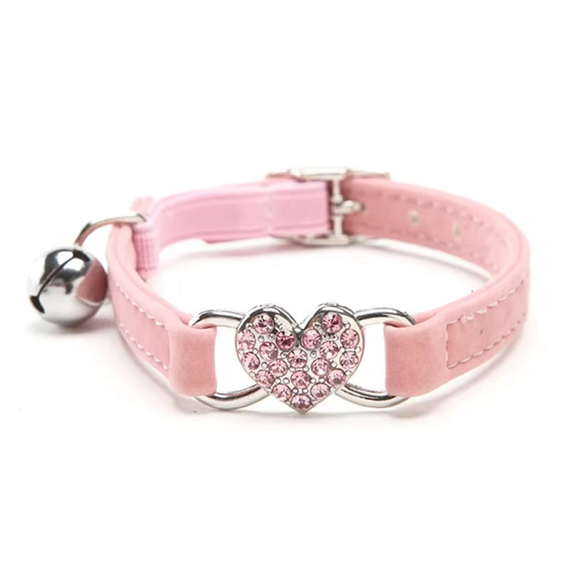 Heart Shaped Cat Collar with Bell Safety Elastic Adjustable Collar Soft Velvet Cat Crystal Collar for Kitten Puppy Pet Supplies