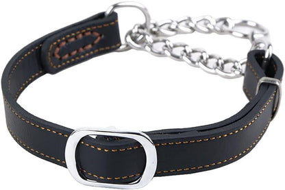 Soft Leather Martingale Dog Collar with Stainless Steel Chain | No-Pull Anti-Slip Design for Medium & Large Dogs