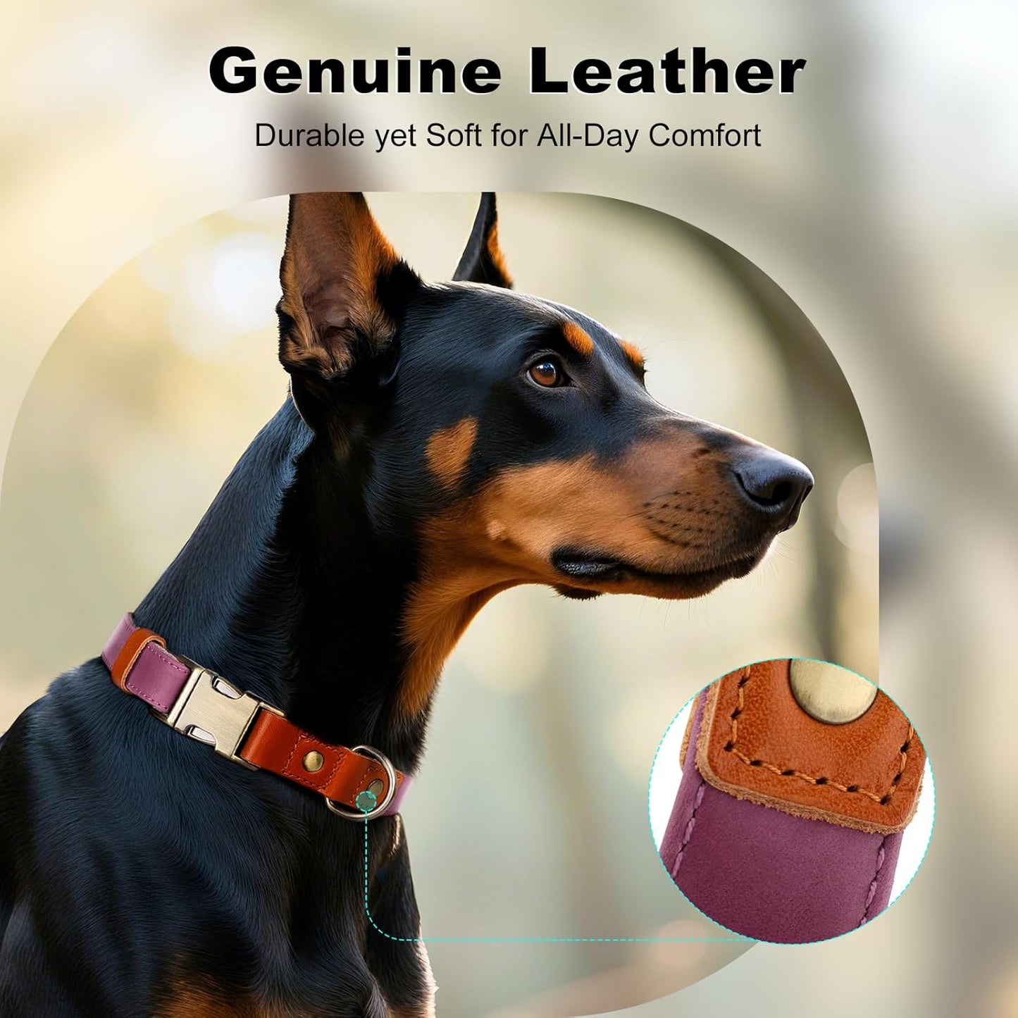 Genuine Leather & Hemp Dog Collar – Adjustable Heavy Duty Pet Collar with Quick Release Metal Buckle, Soft & Stylish for Puppy and Small, Medium, Large Dogs (Purple, L)