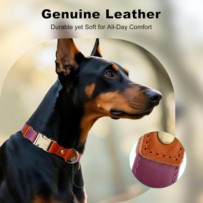 Genuine Leather & Hemp Dog Collar – Adjustable Heavy Duty Pet Collar with Quick Release Metal Buckle, Soft & Stylish for Puppy and Small, Medium, Large Dogs (Purple, L)