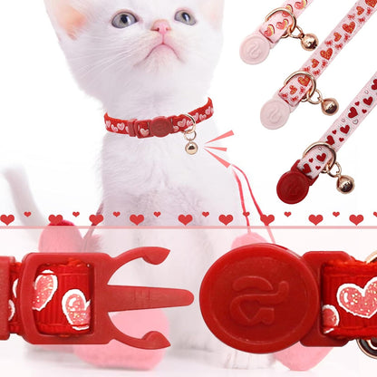 4 Pack Valentines Kitten Collar with Bell Valentines Day Breakaway Kitten Collars with Cute Heart Pattern Adjustable Size Suitable for Kittens