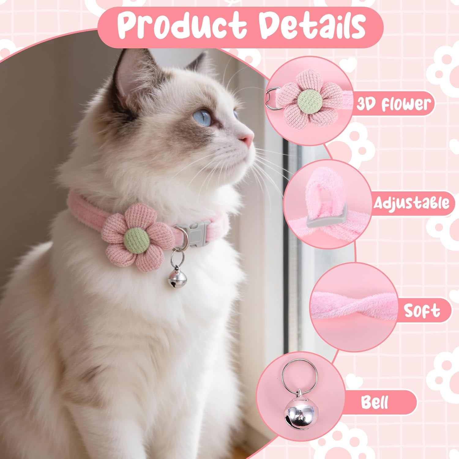 4Pcs Cat Collar Breakawayr, Cute Cotton Kitten Collar with Bell Adjustable Pink Cat Collar Safety Buckle Flower Cats Collar for Girl Boy Little Dog