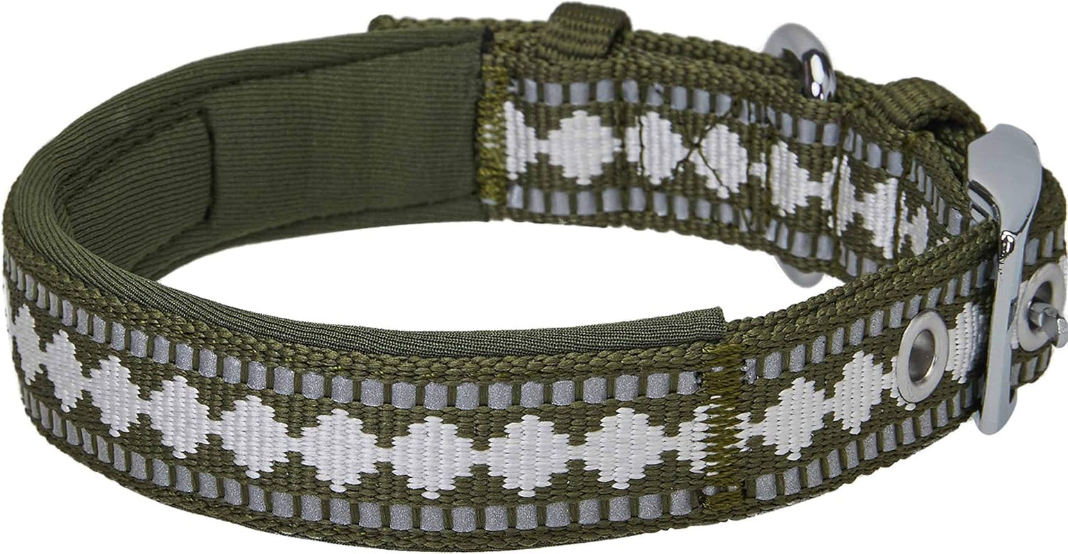 Reflective Jacquard Dog Collar with Neoprene Padding & Metal Buckle | Soft & Adjustable Safety Collar - Olive, Neck 13-16.5", for Medium Breed