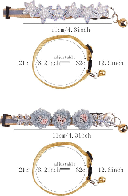 2 Pack Cat Collar Pink Floral with Bell and Removable Flower Bowtie Breakaway Adjustable Cat Collar for Girl Kitten Puppy Small Cats Dogs Daily Decoration (XQ8-3)